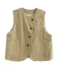 Vintage Sleeveless Loose Buttoned Split-Joint Solid Color Round-Neck Vest Outerwear