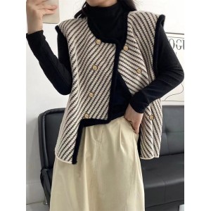 Original Creation Sleeveless Loose Buttoned Striped Round-Neck Vest Outerwear