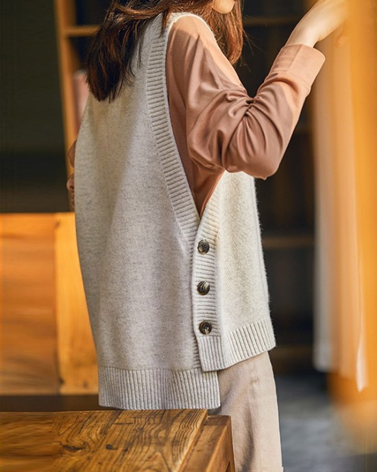 Casual Sleeveless Loose Solid Color Round-Neck Knitting Vest Outerwear