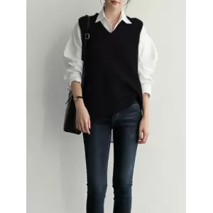 Casual Sleeveless Loose Solid Color V-Neck Vest Outerwear