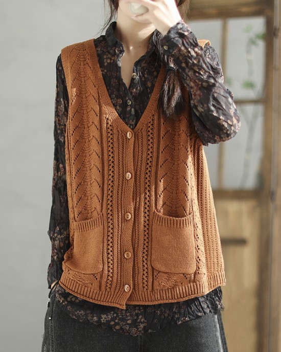 Casual Loose Sleeveless Buttoned Hollow Solid Color V-Neck Vest Outerwear