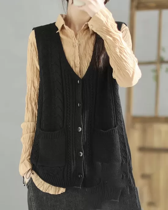 Casual Loose Sleeveless Buttoned Hollow Solid Color V-Neck Vest Outerwear