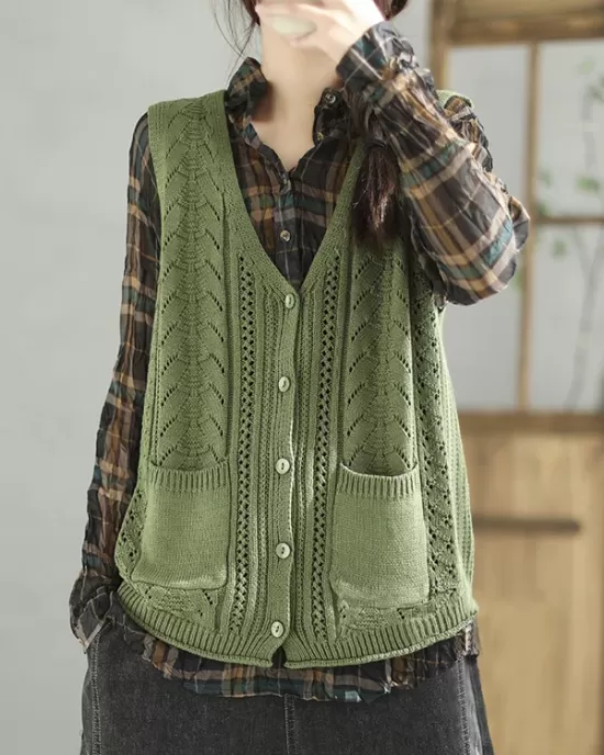 Casual Loose Sleeveless Buttoned Hollow Solid Color V-Neck Vest Outerwear