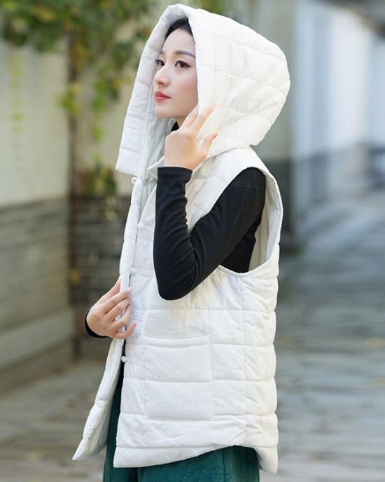 Simple Sleeveless Loose Keep Warm Cotton Quilted Solid Color Hooded Vest Outerwear