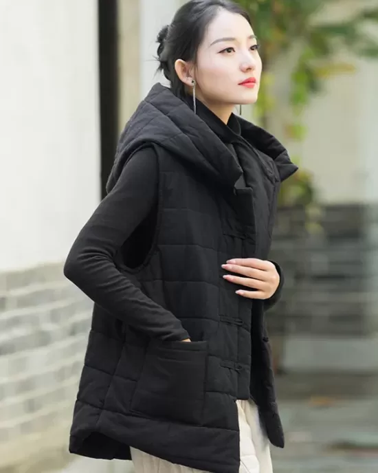 Simple Sleeveless Loose Keep Warm Cotton Quilted Solid Color Hooded Vest Outerwear