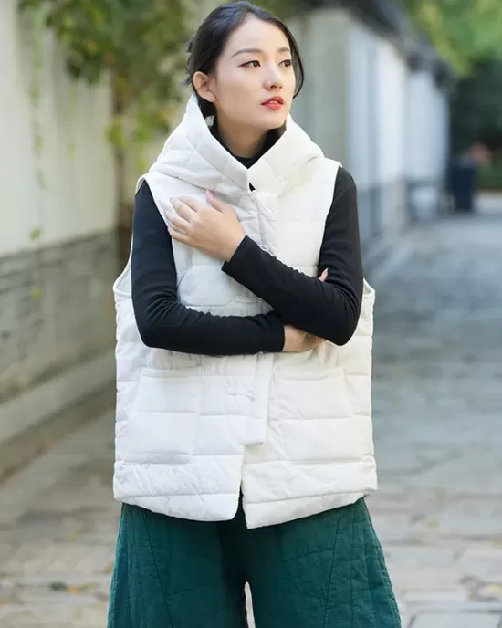 Simple Sleeveless Loose Keep Warm Cotton Quilted Solid Color Hooded Vest Outerwear