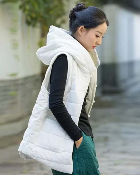 Simple Sleeveless Loose Keep Warm Cotton Quilted Solid Color Hooded Vest Outerwear