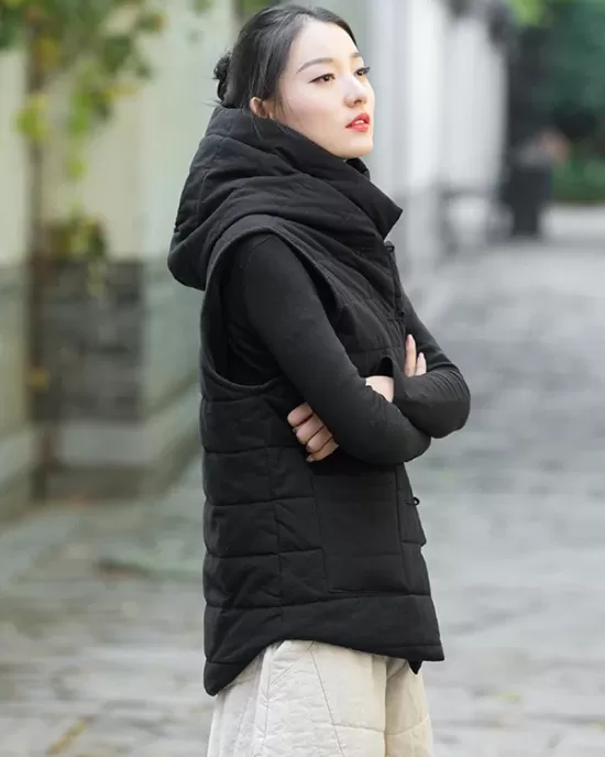 Simple Sleeveless Loose Keep Warm Cotton Quilted Solid Color Hooded Vest Outerwear