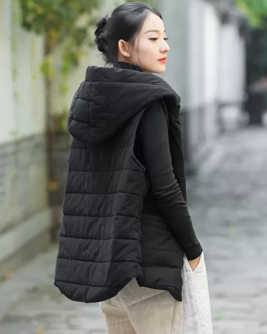 Simple Sleeveless Loose Keep Warm Cotton Quilted Solid Color Hooded Vest Outerwear