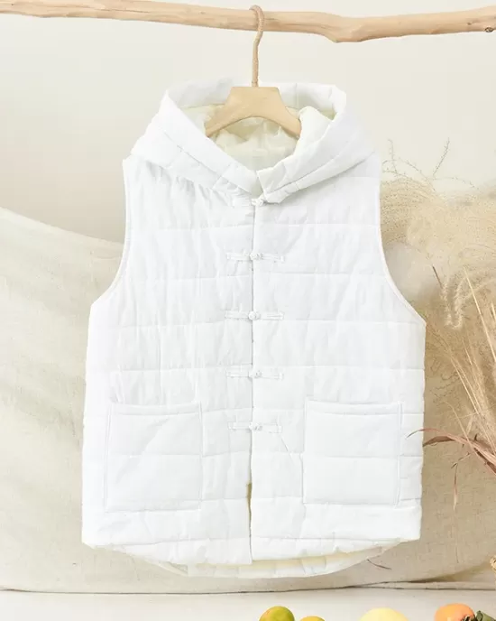 Simple Sleeveless Loose Keep Warm Cotton Quilted Solid Color Hooded Vest Outerwear