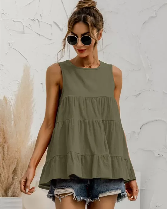 Casual Loose Sleeveless Split-Joint Solid Color Round-Neck Vest Top