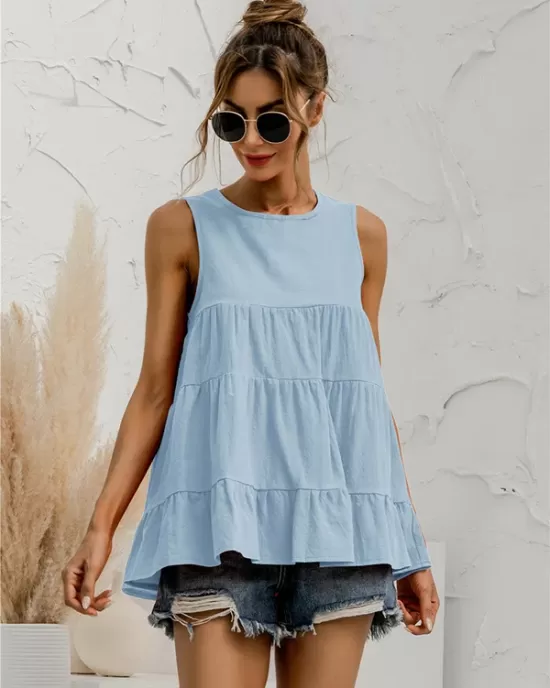 Casual Loose Sleeveless Split-Joint Solid Color Round-Neck Vest Top