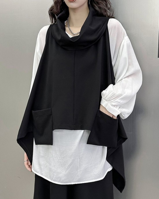 High-Low Irregular Clipping Hooded Solid Color Heaps Collar Vest Top