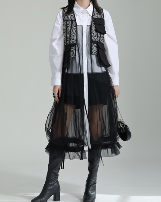 Gauze Jacquard Split-Joint Loose V-neck Vest Outerwear