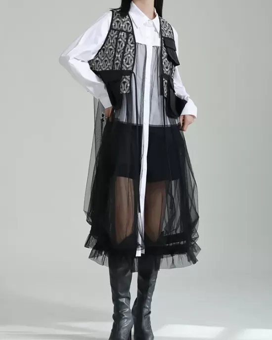 Gauze Jacquard Split-Joint Loose V-neck Vest Outerwear