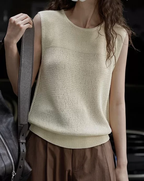 Hollow Solid Color Loose Sleeveless Round-neck Vest Top