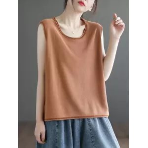 Solid Color Loose Sleeveless Round-neck Knitting Vest Top