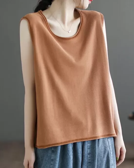 Solid Color Loose Sleeveless Round-neck Knitting Vest Top