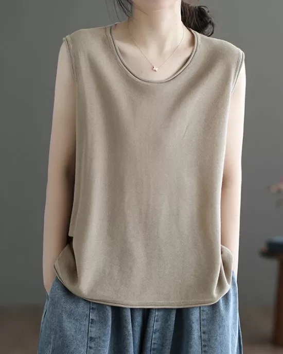 Solid Color Loose Sleeveless Round-neck Knitting Vest Top