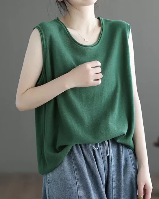 Solid Color Loose Sleeveless Round-neck Knitting Vest Top