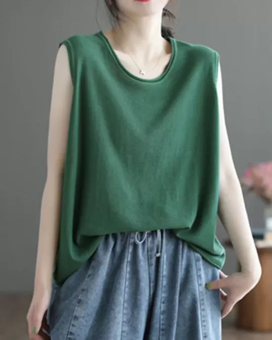 Solid Color Loose Sleeveless Round-neck Knitting Vest Top