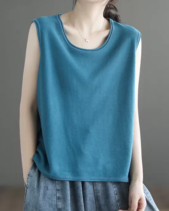 Solid Color Loose Sleeveless Round-neck Knitting Vest Top