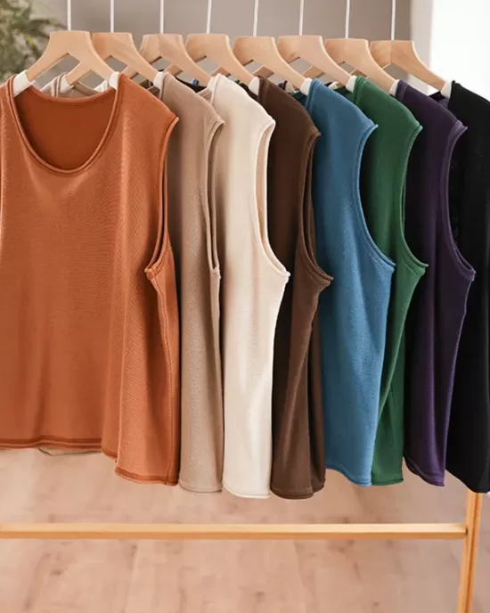 Solid Color Loose Sleeveless Round-neck Knitting Vest Top