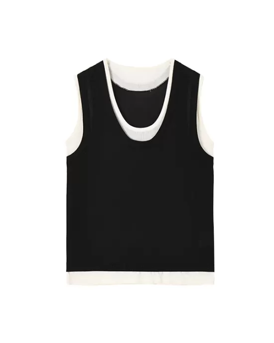 Contrast Color Split-Joint False Two Loose Round-neck Vest Top