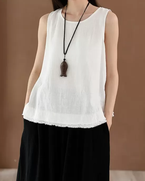 Fringed Solid Color Loose Sleeveless Round-Neck Vest Top