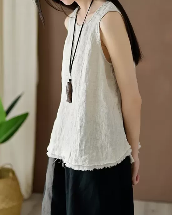 Fringed Solid Color Loose Sleeveless Round-Neck Vest Top