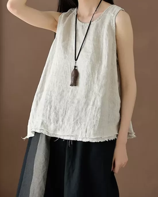 Fringed Solid Color Loose Sleeveless Round-Neck Vest Top