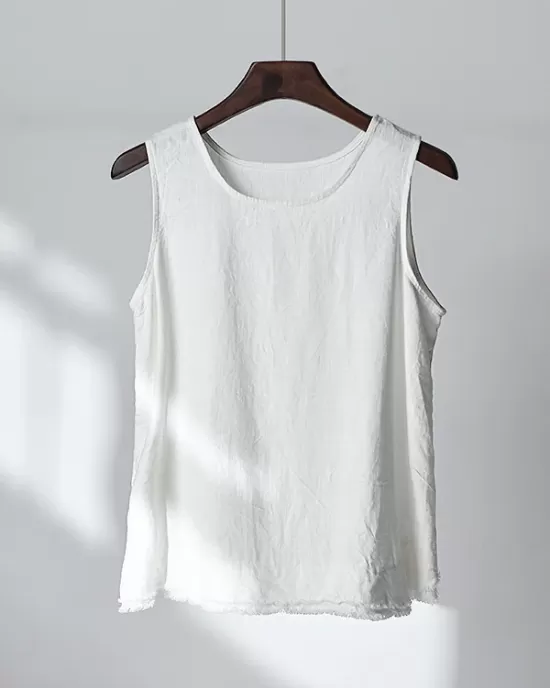 Fringed Solid Color Loose Sleeveless Round-Neck Vest Top