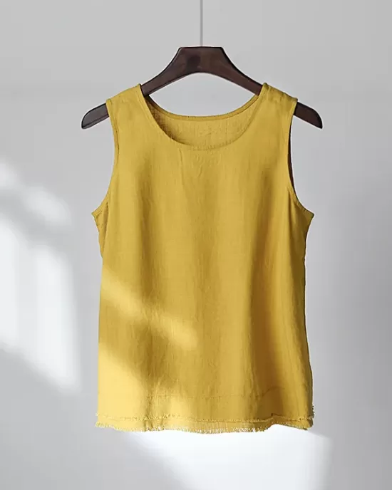 Fringed Solid Color Loose Sleeveless Round-Neck Vest Top