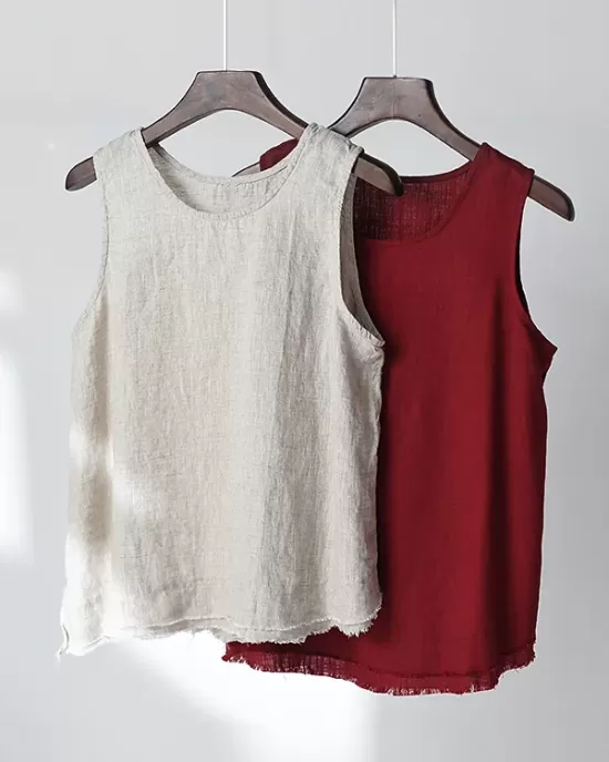 Fringed Solid Color Loose Sleeveless Round-Neck Vest Top