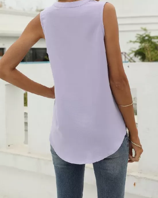 Pleated Solid Color Loose Sleeveless V-Neck Vest Top