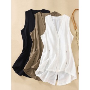 Buttoned Solid Color Loose Sleeveless V-neck Vest Top