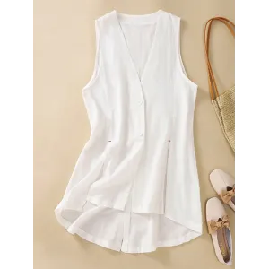 Buttoned Solid Color Loose Sleeveless V-neck Vest Top