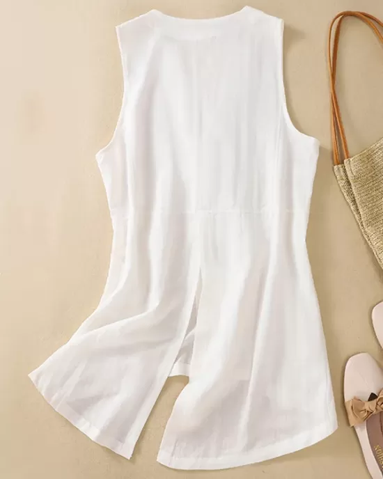 Buttoned Solid Color Loose Sleeveless V-neck Vest Top