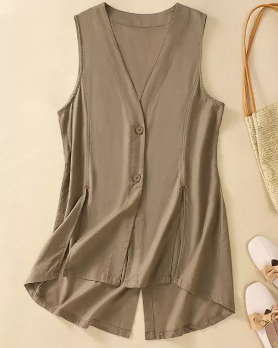 Buttoned Solid Color Loose Sleeveless V-neck Vest Top