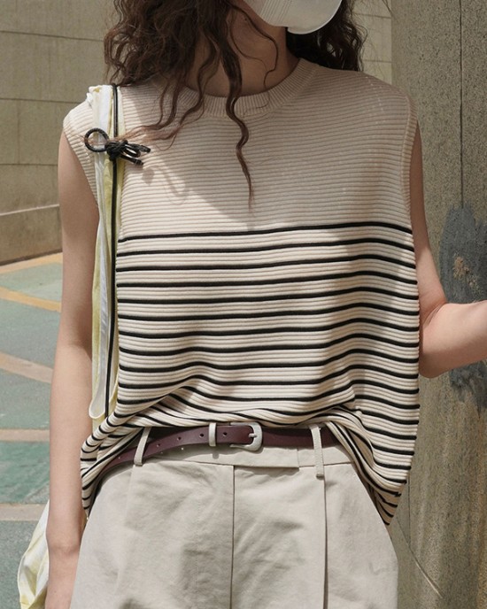 Striped Loose Sleeveless Round-neck Vest Top