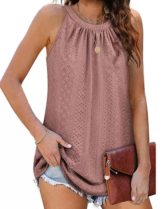 Hollow Solid Color Loose Sleeveless Round-Neck Vest Top