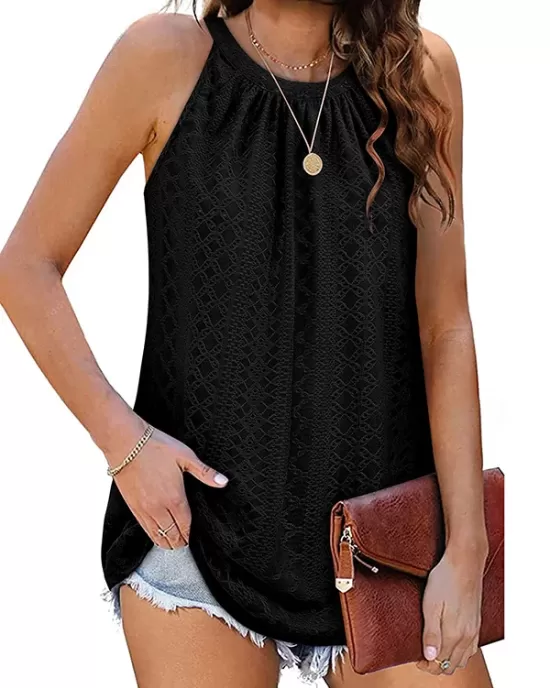 Hollow Solid Color Loose Sleeveless Round-Neck Vest Top