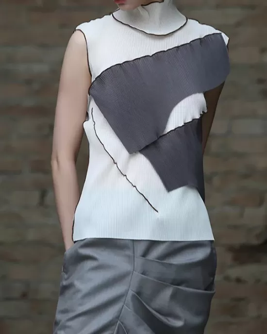 Asymmetric Color-Block Pleated Split-Joint Skinny Sleeveless High-Neck Vest Top