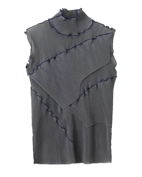 Asymmetric Color-Block Pleated Split-Joint Skinny Sleeveless High-Neck Vest Top