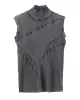 Asymmetric Color-Block Pleated Split-Joint Skinny Sleeveless High-Neck Vest Top