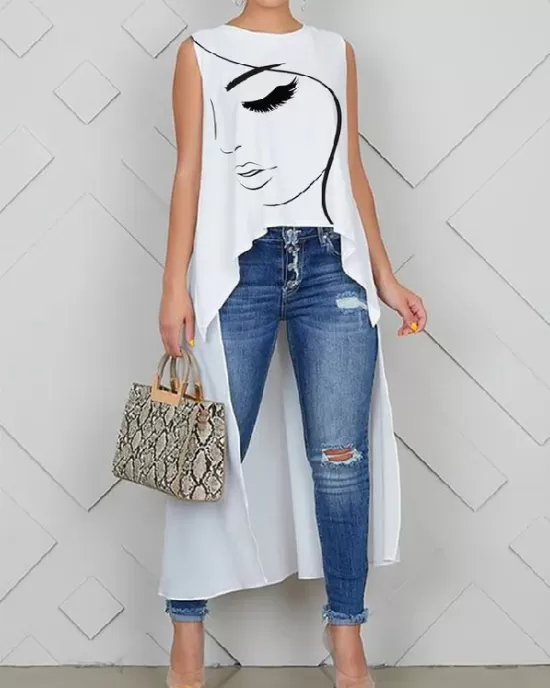 Figure Printed High-Low Sleeveless Round-Neck Vest Top