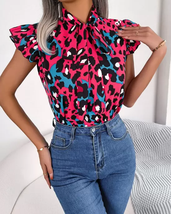 Leopard Cap Sleeve Loose Statement Collar Vest Top