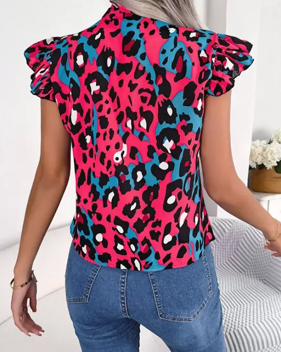 Leopard Cap Sleeve Loose Statement Collar Vest Top