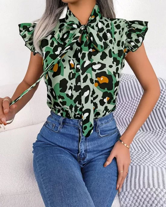 Leopard Cap Sleeve Loose Statement Collar Vest Top