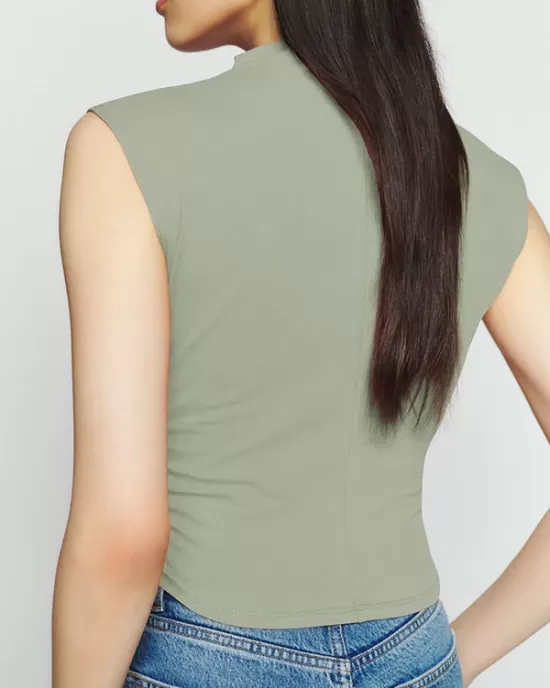 Pleated Solid Color Skinny Sleeveless Stand Collar Vest Top